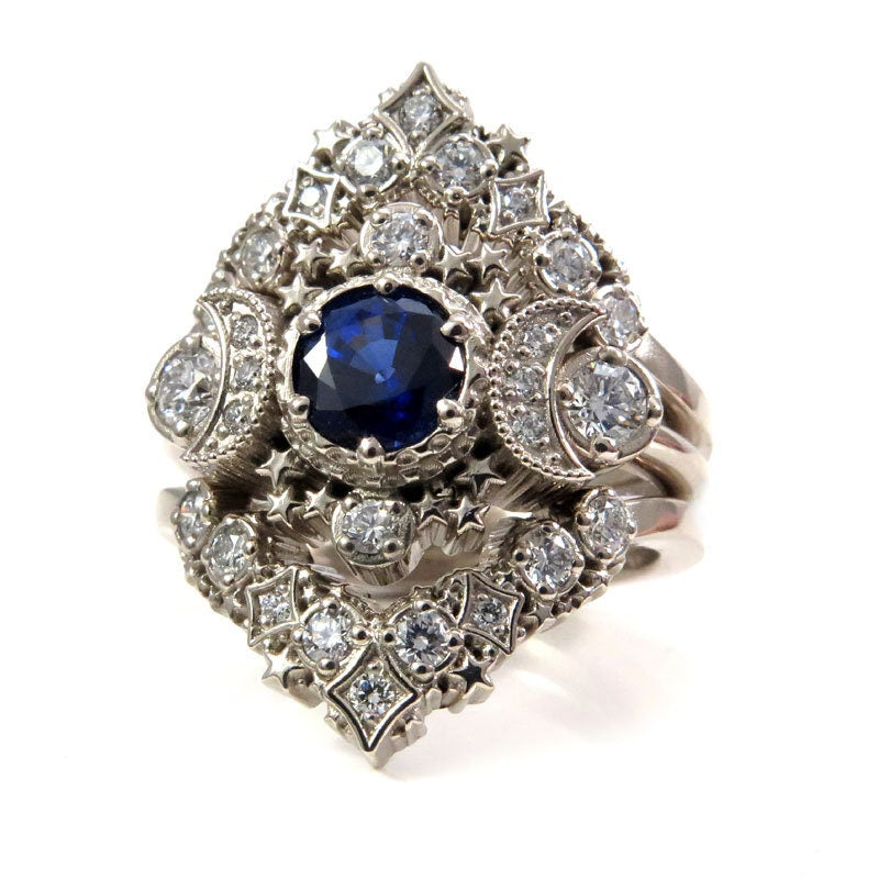 Cosmos Constellation Engagement Ring Set - Chatham Sapphire & Diamonds Celestial Wedding Set - 14k Gold