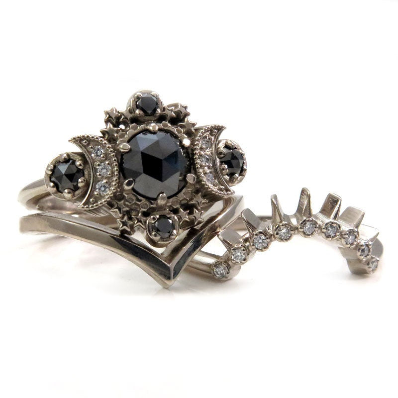 Cosmos Moon Engagement Ring 3 Ring Set with Black & White Diamonds - Gothic Celestial Wedding Set - 14k Gold