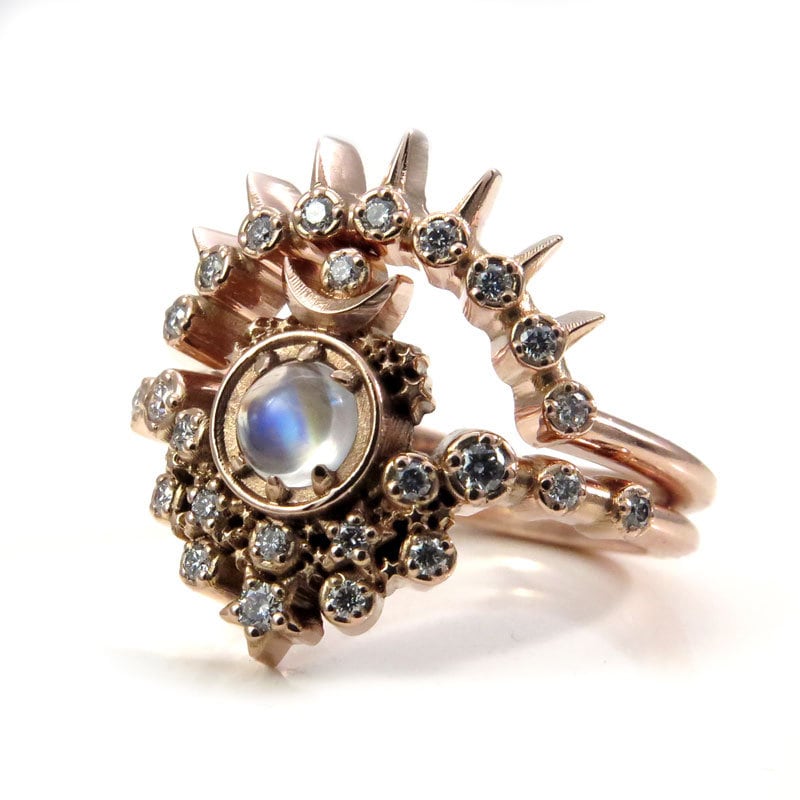 Moon Witch Engagement Ring Set - Moonstone and Diamonds with Sunray Di
