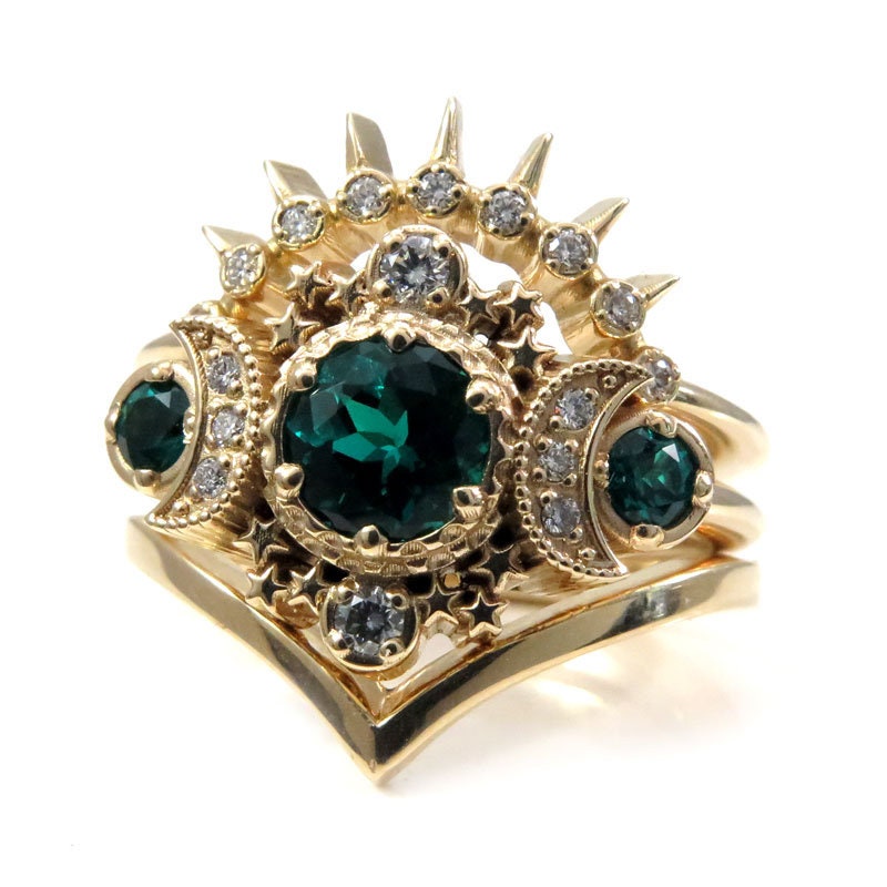 Chatham Emerald & Diamond Cosmos Moon Engagement Ring Set - Celestial Lunar Wedding Rings
