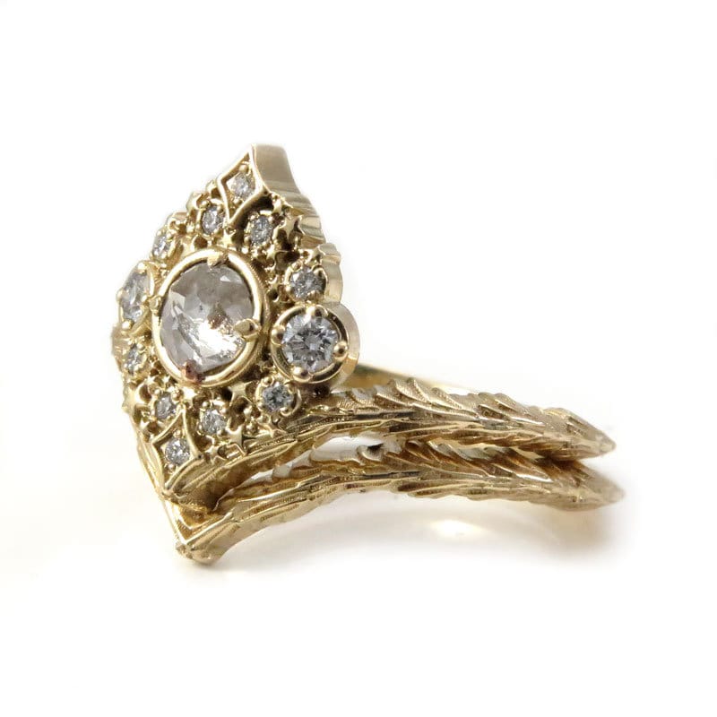 Nova Rose Cut Diamond  Engagement Ring Set - 14k Gold - Pick your Diamond - Witch Wedding Ring
