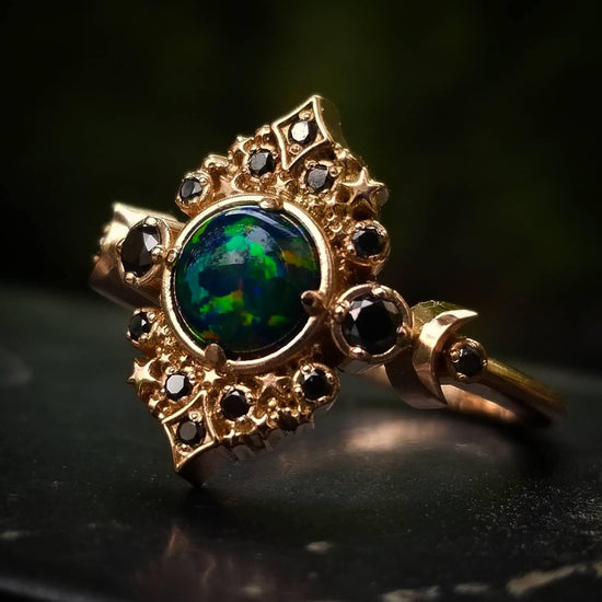Black Lab Opal Galaxie Engagement Ring - 14k Rose Gold - Black or White Diamond Sides - Boho Moon Wedding Ring