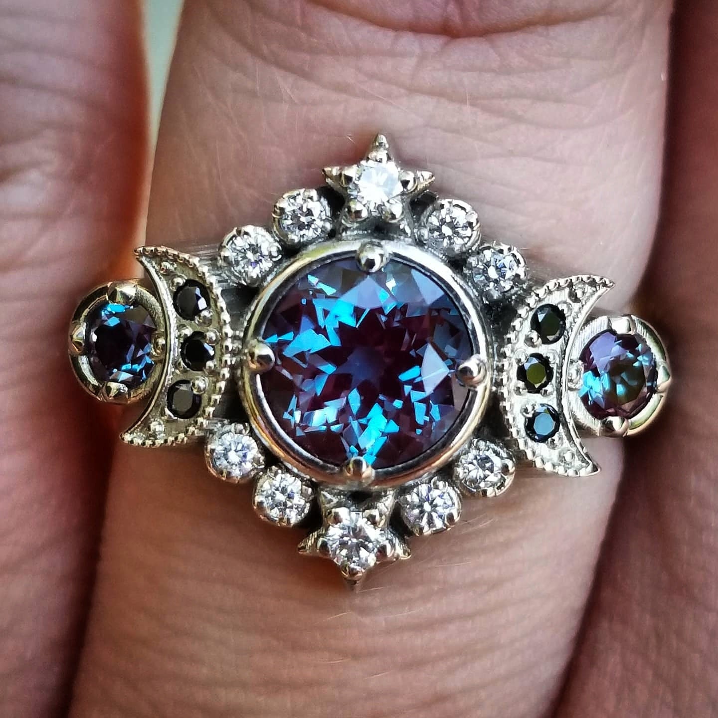 Selene Moon Ring - Chatham Alexandrite with Black and White Diamonds - 14k Palladium White Gold - Unique Boho Engagement Ring