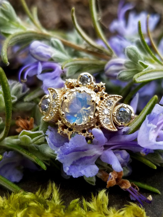 Ready to Ship Size 6 - 8 - Rainbow Moonstone and Galaxy Diamond Cosmos Moon & Star Engagement Ring - Boho Commitment Ring - 14k Yellow Gold