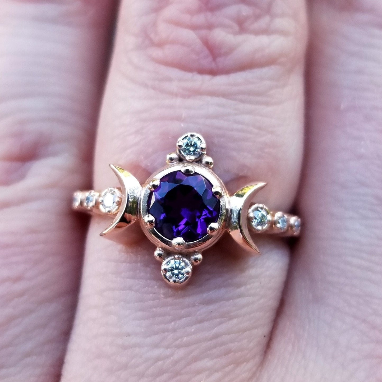Amethyst Compass Moon Engagement Ring with Diamonds - 14k Rose Gold