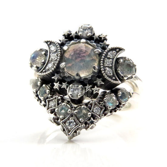 Rose Cut Labradorite Cosmos Moon and Star Ring - Sterling Silver with White Diamonds - Boho Celestial Engagement