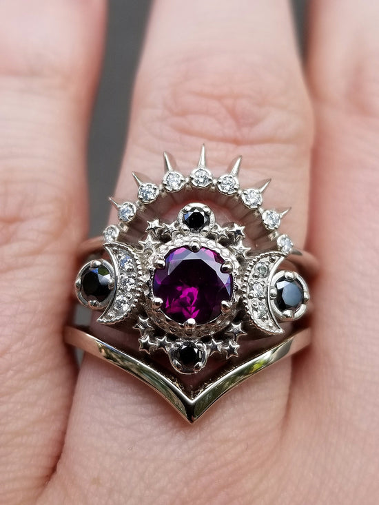 Cosmos Moon Engagement Ring 3 Ring Set with Rhodolite Garnet & Diamonds - Gothic Celestial Wedding Set