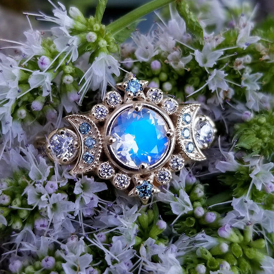 Selene Moon Goddess Ring - Moonstone with Blue and White Diamonds - 14k Yellow Gold