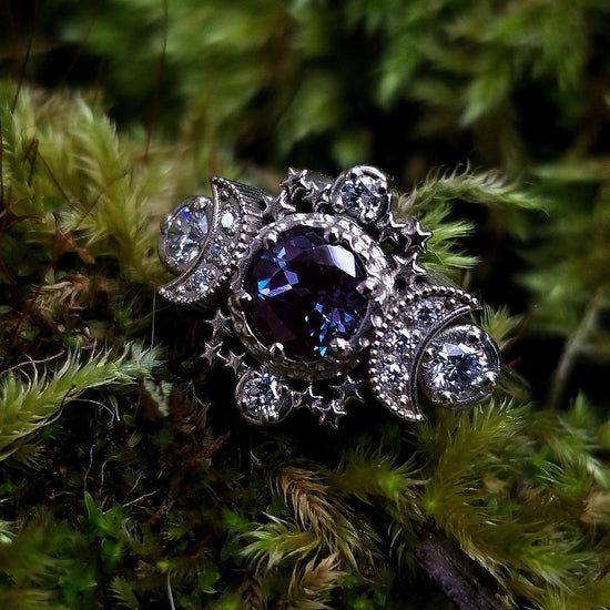 Alexandrite Bridal Set Cosmos White Gold Moon Engagement Ring - Natural Diamond Crescent and Stardust Fine Unique Jewelry Wedding Ring Set