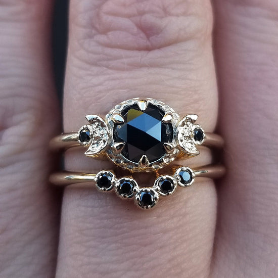 Rose Cut Black Diamond or Black Spinel Triple Moon Engagement  - Gothic Yellow Gold Wedding Ring Set