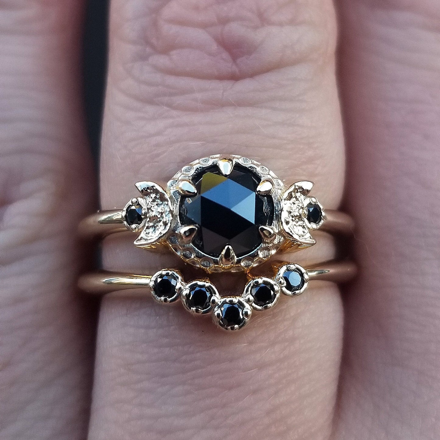 Black Diamond and Black Spinel Moon Engagement  - Victorian Gothic Palladium White Gold Ring Set