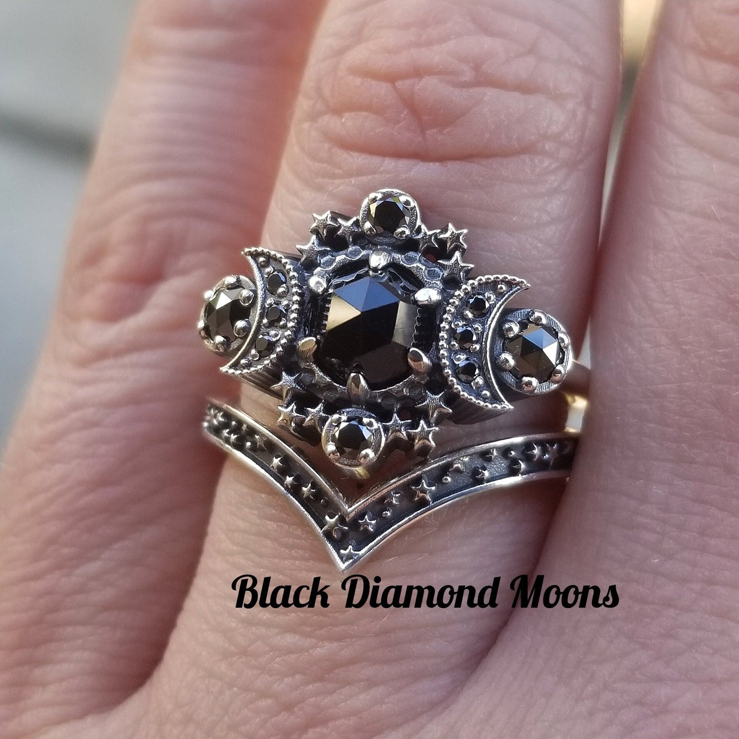 Gothic Cosmos Moon Engagement Ring Set Silver Moon and Stardust Chevron Wedding Band
