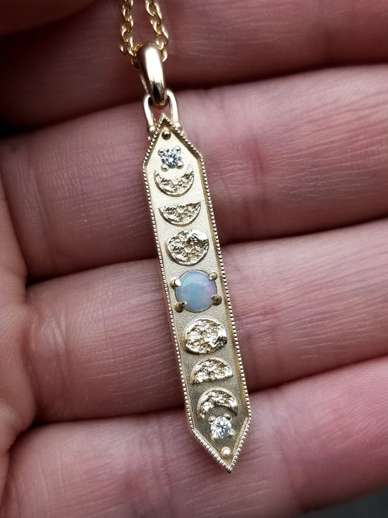 Natural Australian Opal & Diamond Moon Phase Bar Pendant - 14k Yellow Gold 14k Rose Gold or 14k Palladium White Gold - Celestial Necklace
