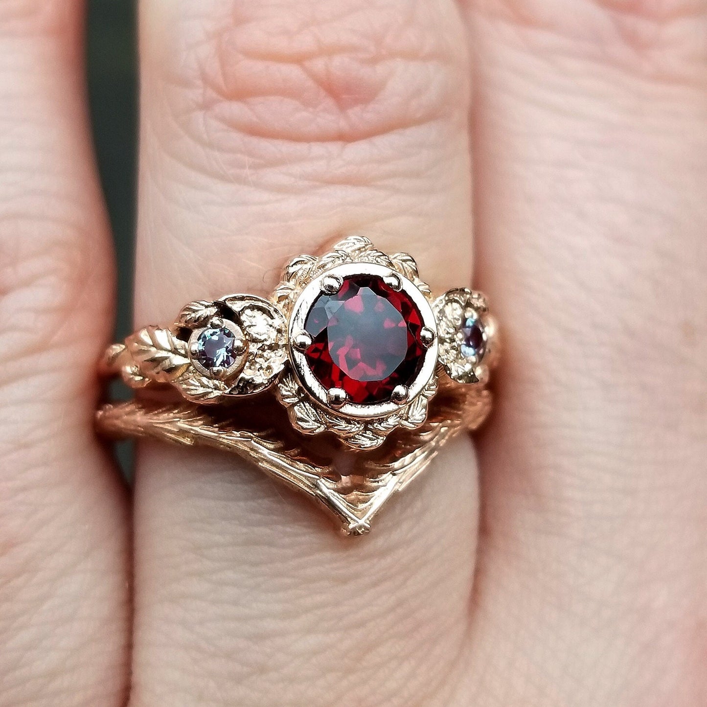 Red Garnet & Chatham Alexandrite Leafy Moon Ring  and Forest Chevron - 14k Rose Gold - Nature Wedding Ring Sets