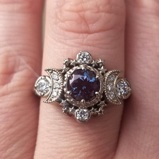Chatham Alexandrite and Diamond Cosmos Moon and Star Engagement Ring - Gold Fine Jewelry