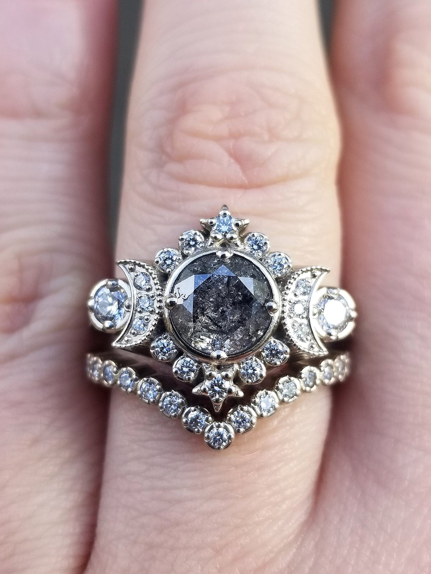 Ready to Ship Size 6.5 - 8 - Selene Moon Goddess Ring - Natural Galaxy Diamond with White Diamonds - 14k Palladium White Gold - Pave Chevron