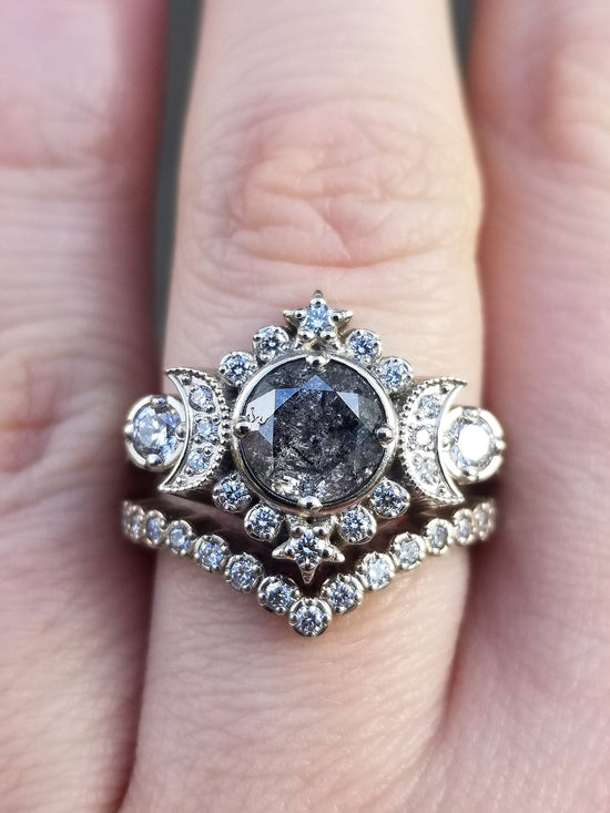 Ready to Ship Size 6.5 - 8 - Selene Moon Goddess Ring - Natural Galaxy Diamond with White Diamonds - 14k Palladium White Gold - Pave Chevron