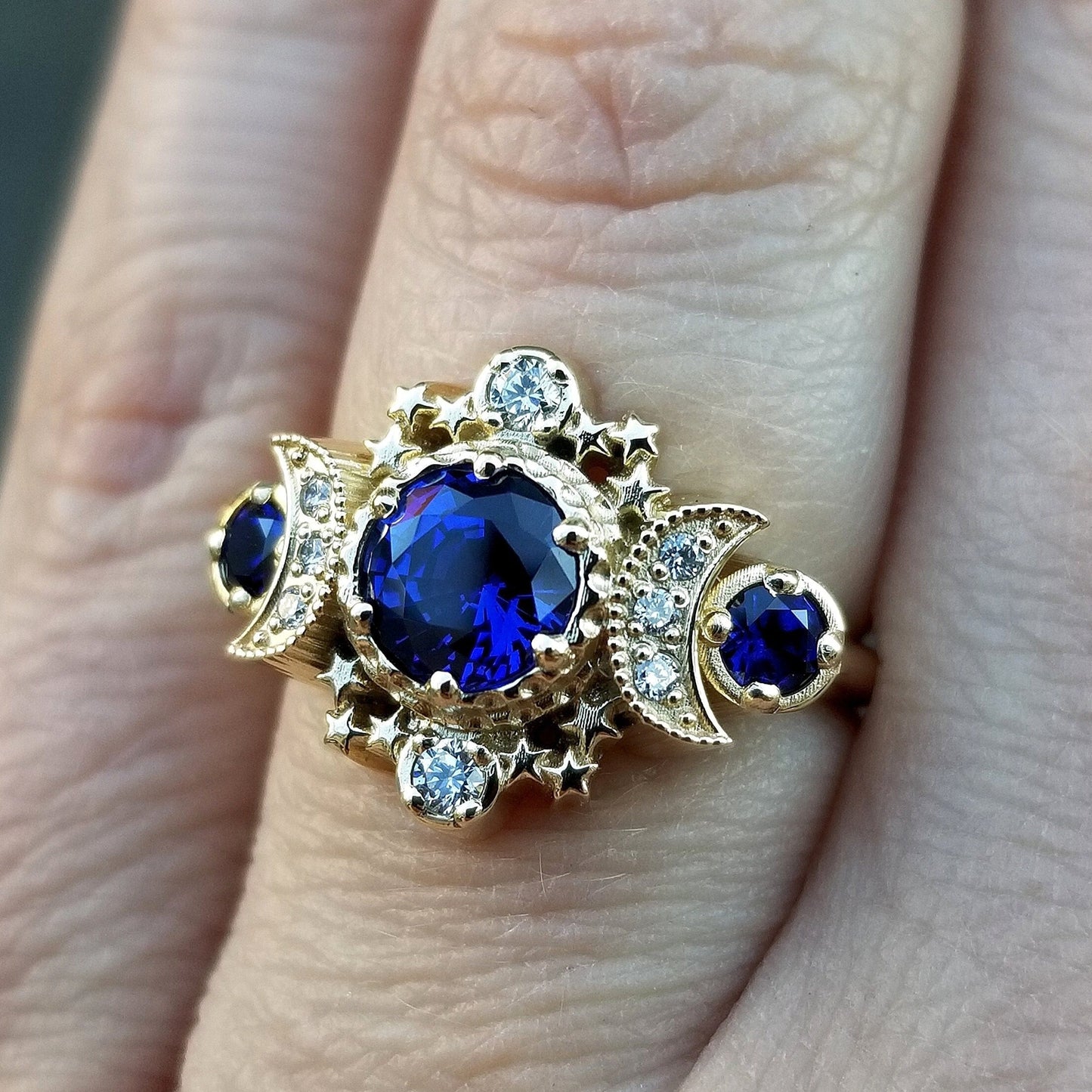 Chatham Sapphire Cosmos Triple Moon Engagement Ring - 14k Gold and Diamonds