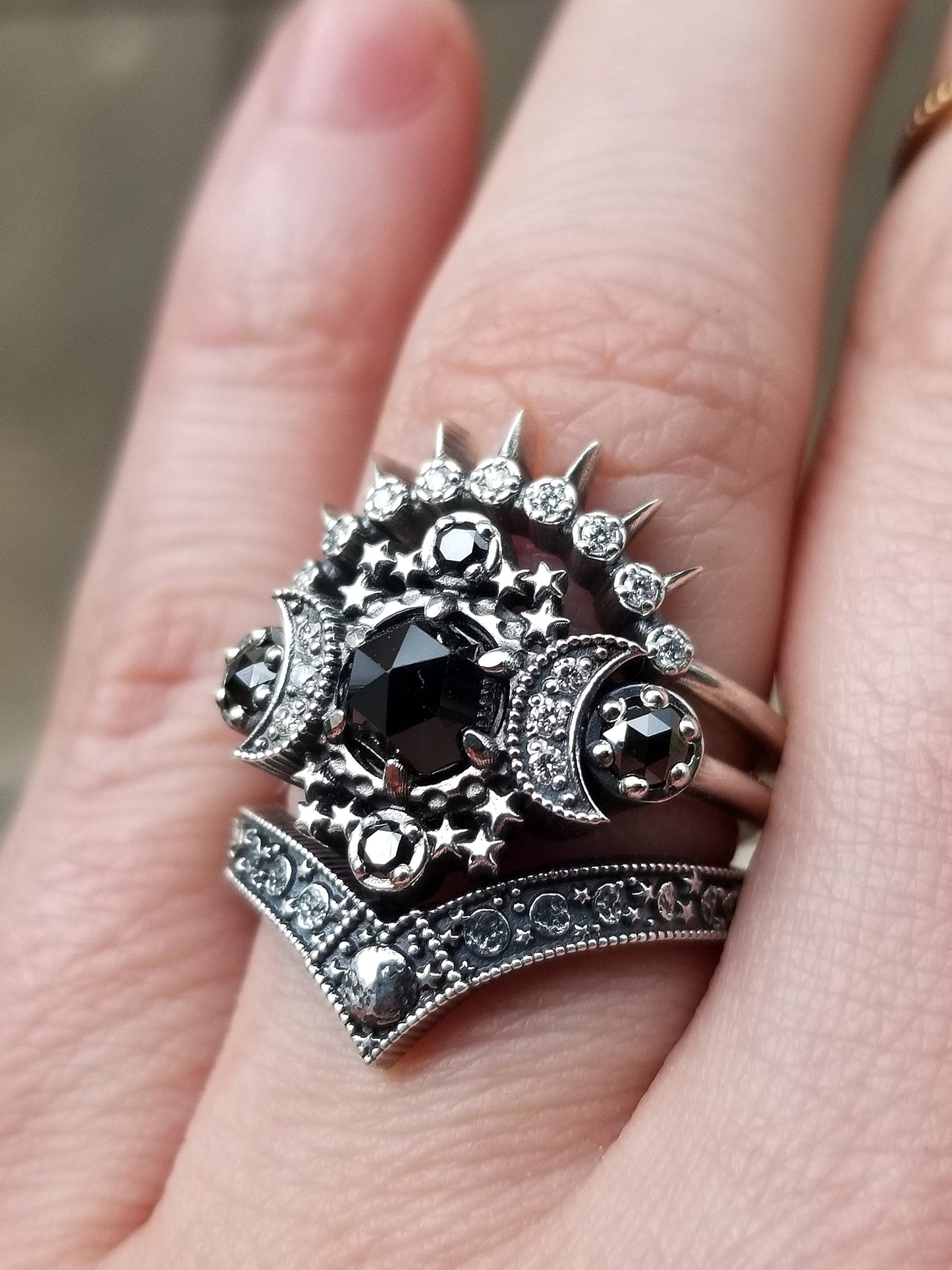 Dark Cosmos Moon Engagement Ring Set Silver Crescent & Luna Diadem Chevron Wedding Band -  Black and White Diamonds - Sunray Crown Ring
