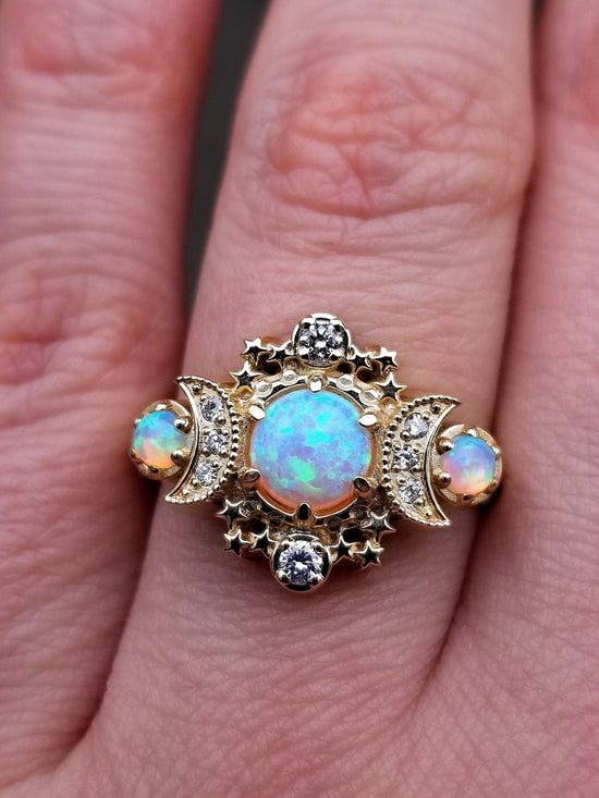 Lab Opal Cosmos Moon Engagement Ring - Rose Gold Celestial 3 Stone Diamond Ring