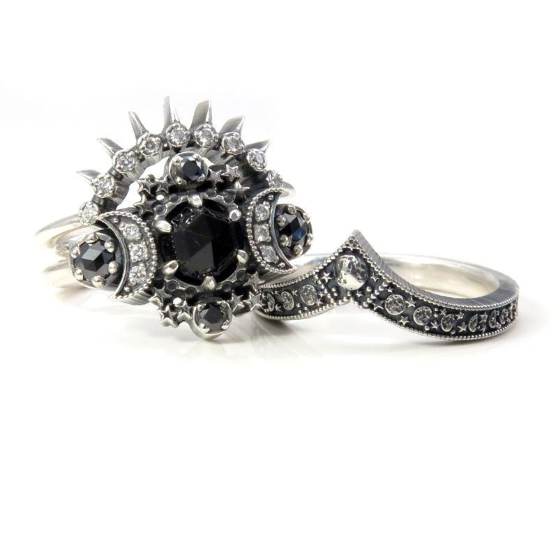 Ready to Ship Size 6 - 8 - Dark Cosmos Moon Engagement Ring Set Silver Crescent & Luna Diadem Chevron Wedding Band  Black and White Diamonds