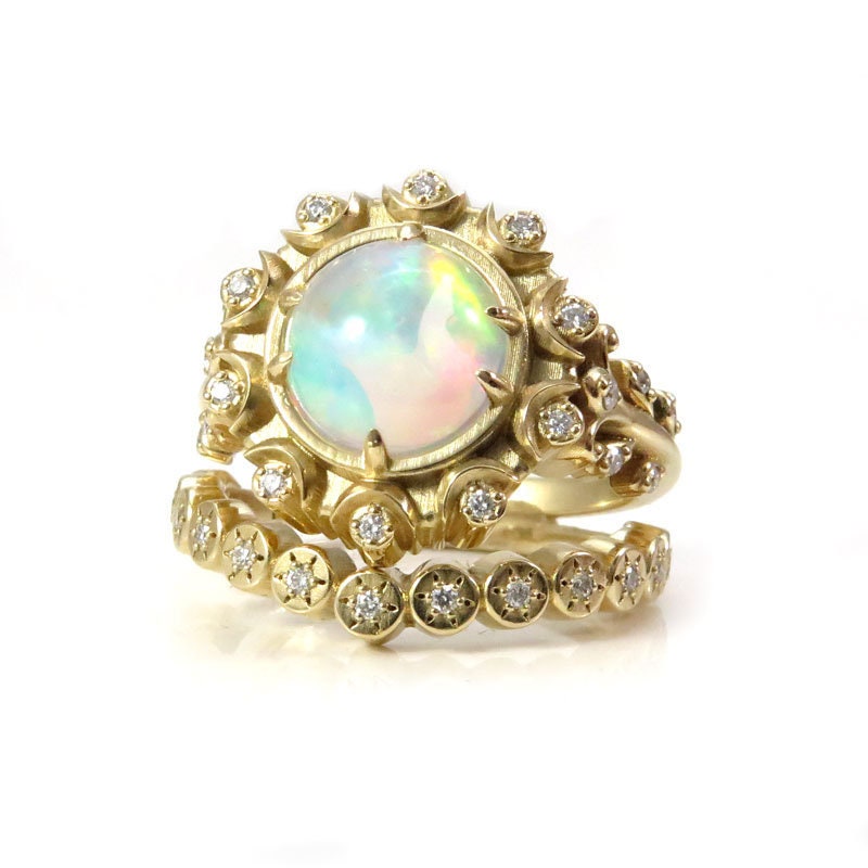 Opal Crystal Ball Engagement Ring Set - Victorian Inspired Giant Opal Ring with Diamonds & Moons - 14k Yellow Gold Sun Disk Wedding Band