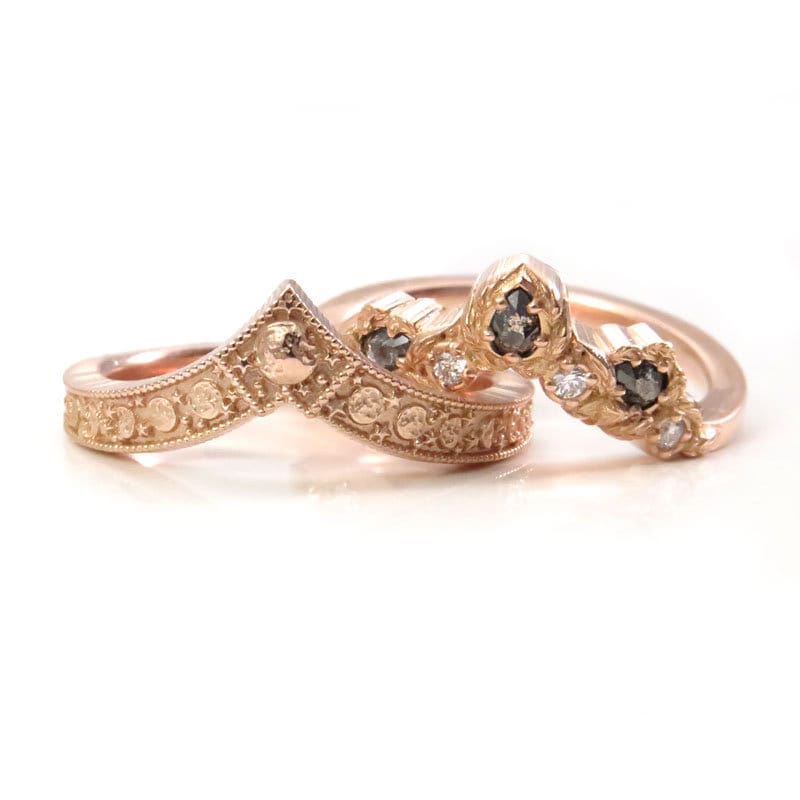 Leafy Pear Diamond and Luna Diadem Chevron Gold Wedding Ring Set - Rose Cut Salt & Pepper Diamonds and White Diamonds - Boho Stacking Rings