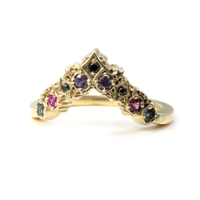 Deep Space Stardust Chevron with Chatham Alexandrite, Pink Sapphires, London Blue Toapz and Black or White Diamonds Nebula Wedding Band