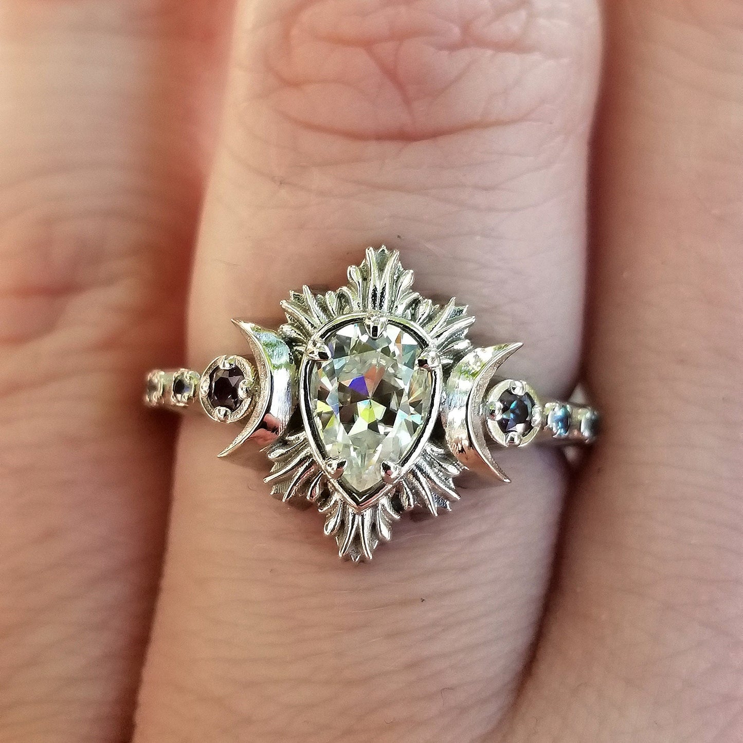Pear Moissanite Moon Fire Boho Engagement Ring - Diamonds and Gold with Alexandrites Unique Celestial Wedding Ring