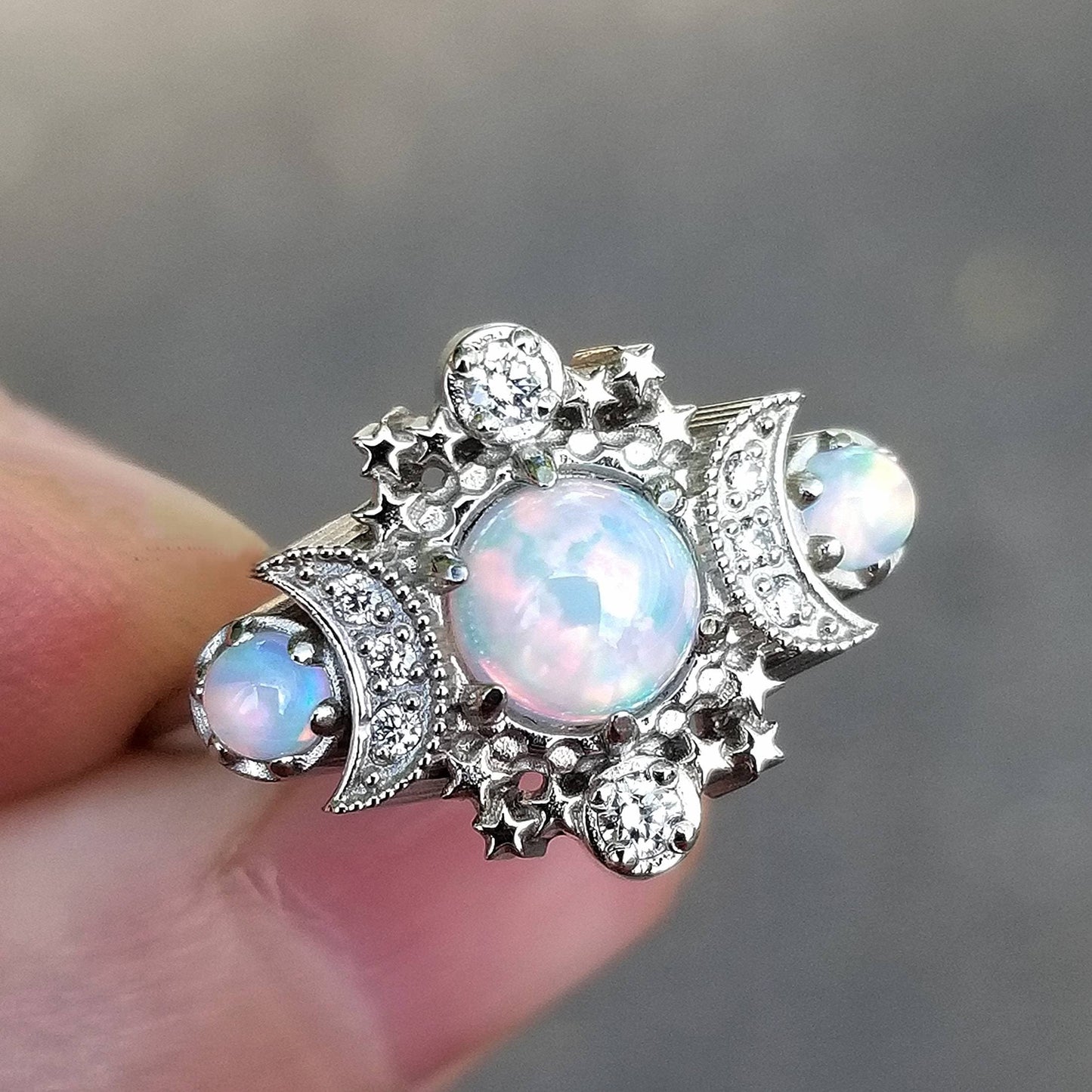 Chatham Opal Cosmos Moon Witchy Engagement Ring - Palladium White Gold Celestial 3 Stone Diamond Stardust Ring -Unique Fine Jewelry