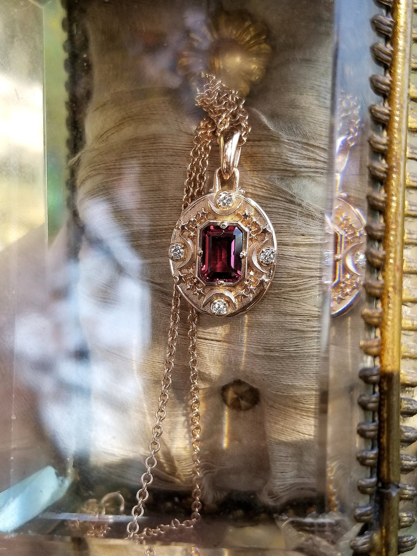 Artemis Pendant with Emerald Cut Rhodolite Garnet and Diamonds - 14k Rose Gold Handmade Jewelry with Crescent Moon & Stars