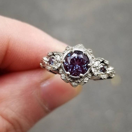 Engagement Ring with Chatham Alexandrite Leaf and Crescent Moon Ring - 14k Rose, Yellow or White Gold - Nature Antique Inspired Jewelry