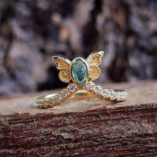 Ready to Ship Size 6 - 8 - Sugar Baby Butterfly Diamond Chevron Ring - Natural Tourmaline Cabochon- 14k Yellow Gold - Blue Butterfly Wing