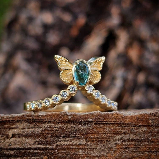 Ready to Ship Size 6 - 8 - Sugar Baby Butterfly Diamond Chevron Ring - Natural Tourmaline Cabochon- 14k Yellow Gold - Blue Butterfly Wing