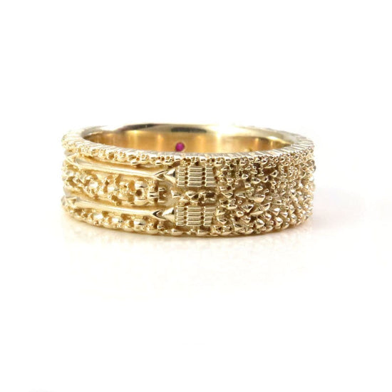 Skeleton Wedding Band with Diamond Eyes and Ruby Heart - 14k Yellow Gold - Memento Mori Modern Mourning Jewelry - Till Death Do Us Part