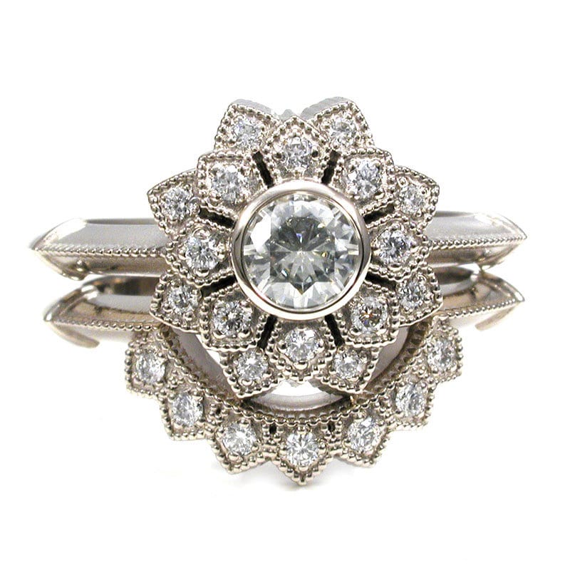 Art Deco Double Petal Halo Engagement Ring with Moissanite and Diamonds with Diamond Curved Wedding Band