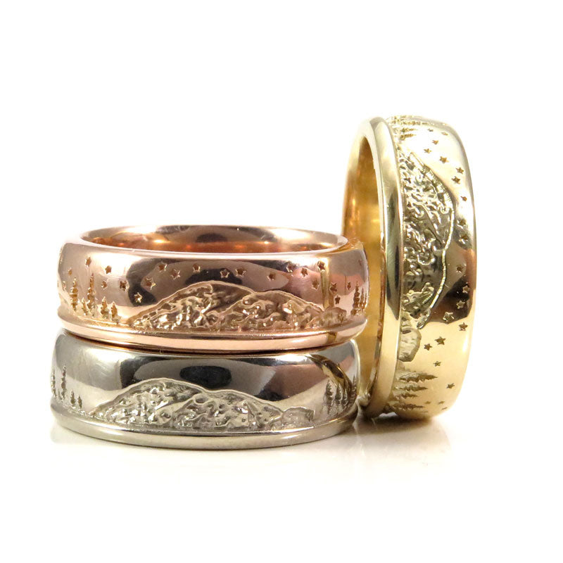 Mountain Wedding Band, Trees and Crescent Moon Mens 14k Gold Band, Landscape Camping Nature Inspired Ring