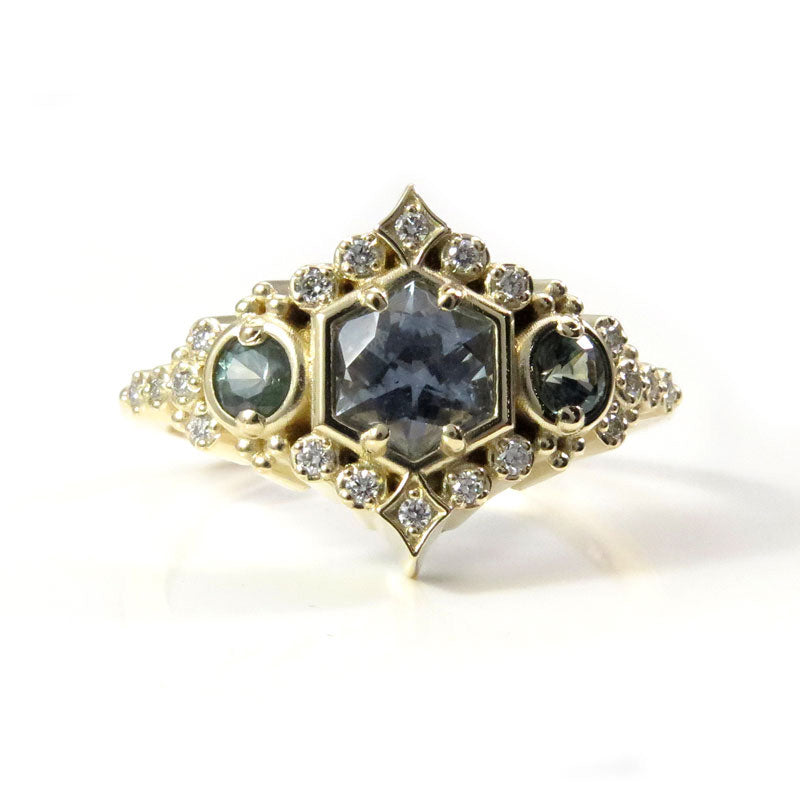 Victorian Engagement Ring with Baby Blue Hexagon Montana Sapphire and Diamonds 14k Yellow Gold Ready to Ship Size 6-8