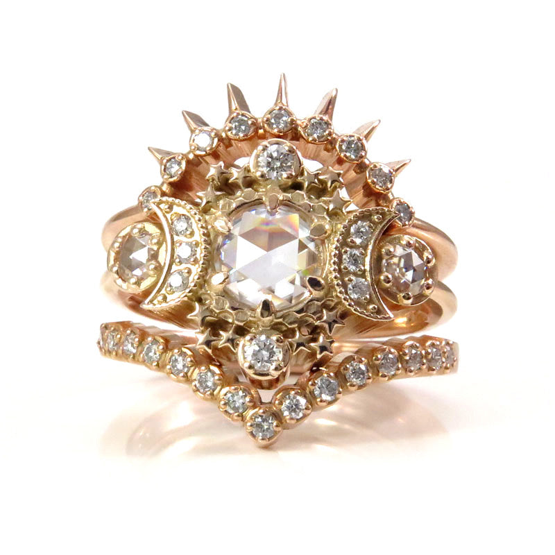 14k Rose Gold Cosmo Moon Ring Set - Rose Cut Moissanite & Diamond Cosmos Wedding Ring Set - Diamond Alternative - Ethical Celestial Moon Ring Ready to Ship Size 6-8