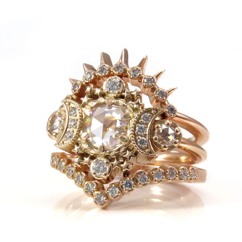 14k Rose Gold Engagement Ring Natural Diamond Cosmos Moon Ring