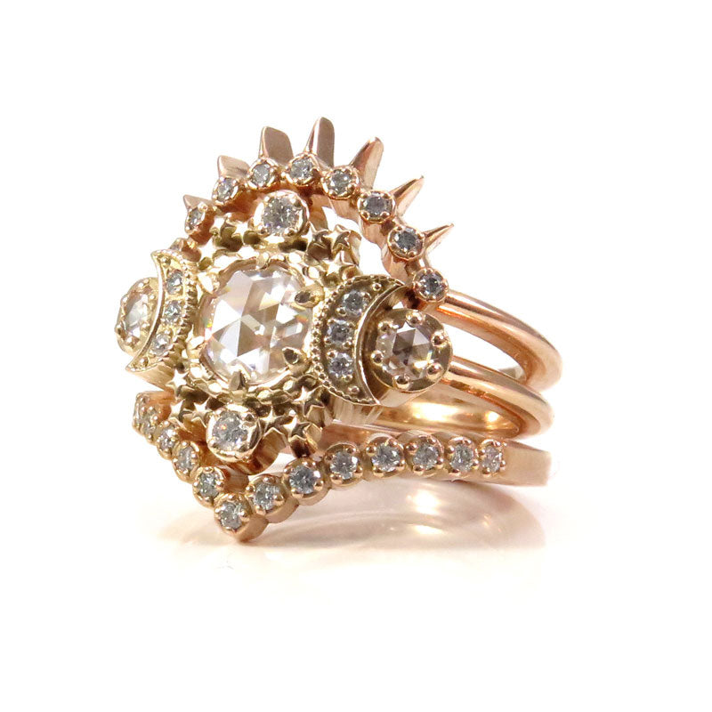 14k Rose Gold Cosmo Moon Ring Set - Rose Cut Moissanite & Diamond Cosmos Wedding Ring Set - Diamond Alternative - Ethical Celestial Moon Ring Ready to Ship Size 6-8
