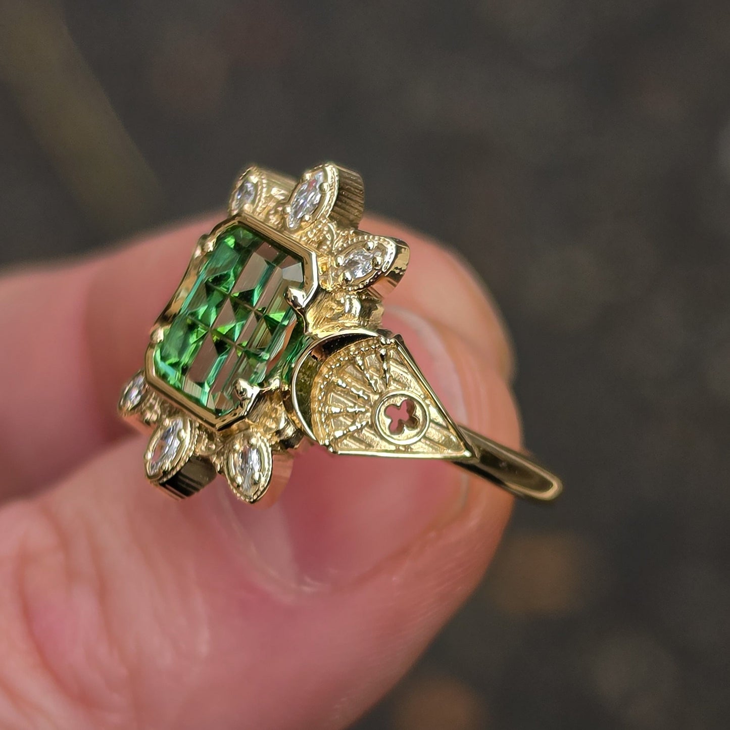 Ready to Ship Size 6-8 Moon Castle Ring with Stained Glass Cut Tourmaline and Marquise Diamonds
