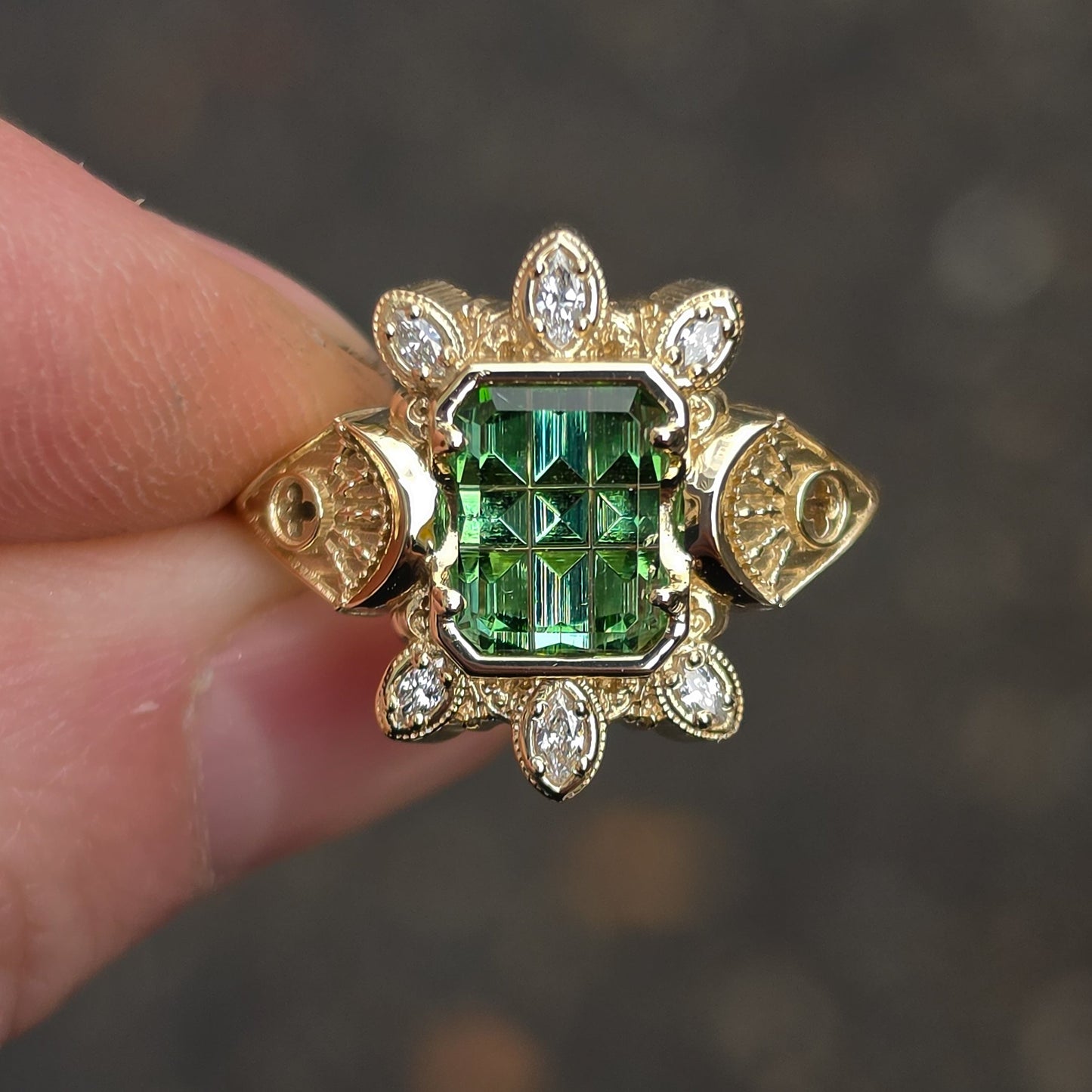 stained glass tourmaline gem fantasy cut castle inspired ring marquise diamonds