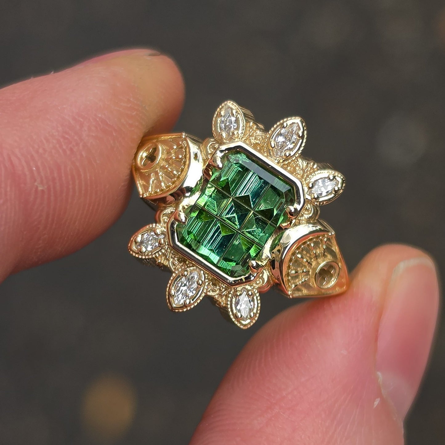 Ready to Ship Size 6-8 Moon Castle Ring with Stained Glass Cut Tourmaline and Marquise Diamonds