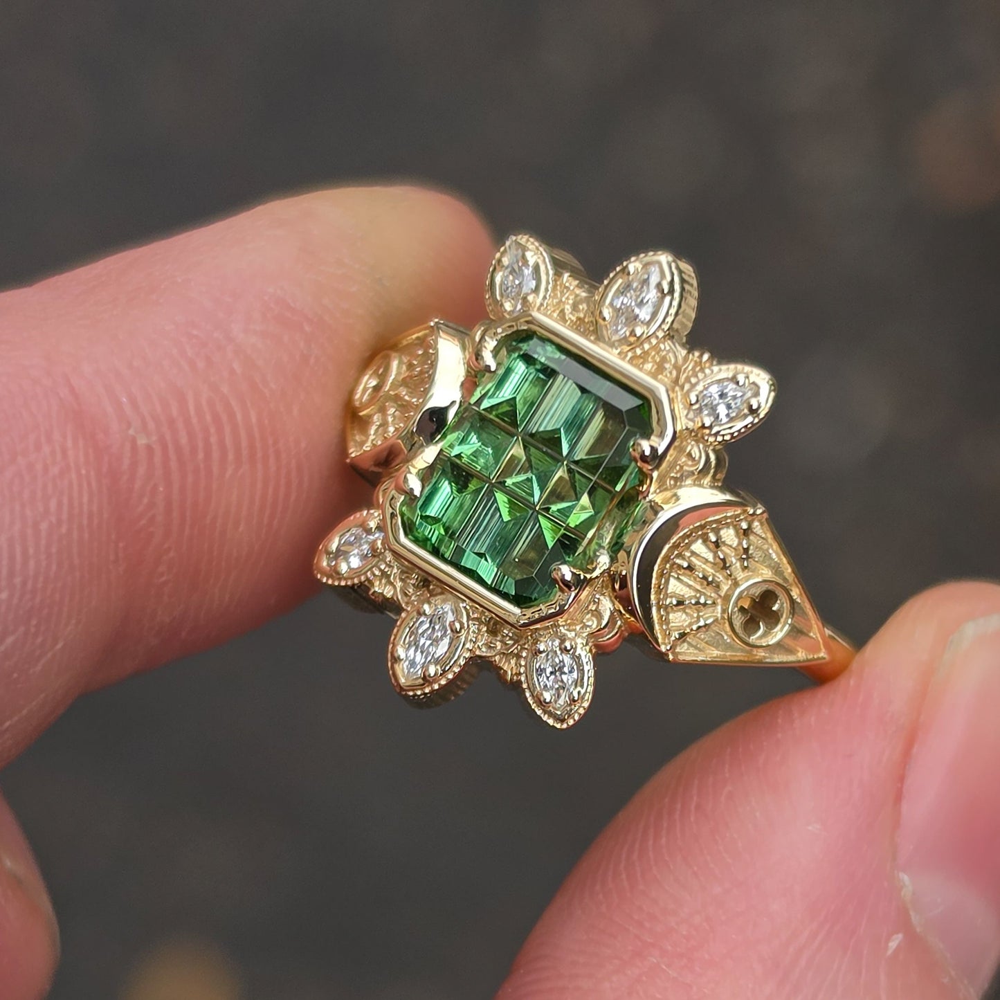 Ready to Ship Size 6-8 Moon Castle Ring with Stained Glass Cut Tourmaline and Marquise Diamonds