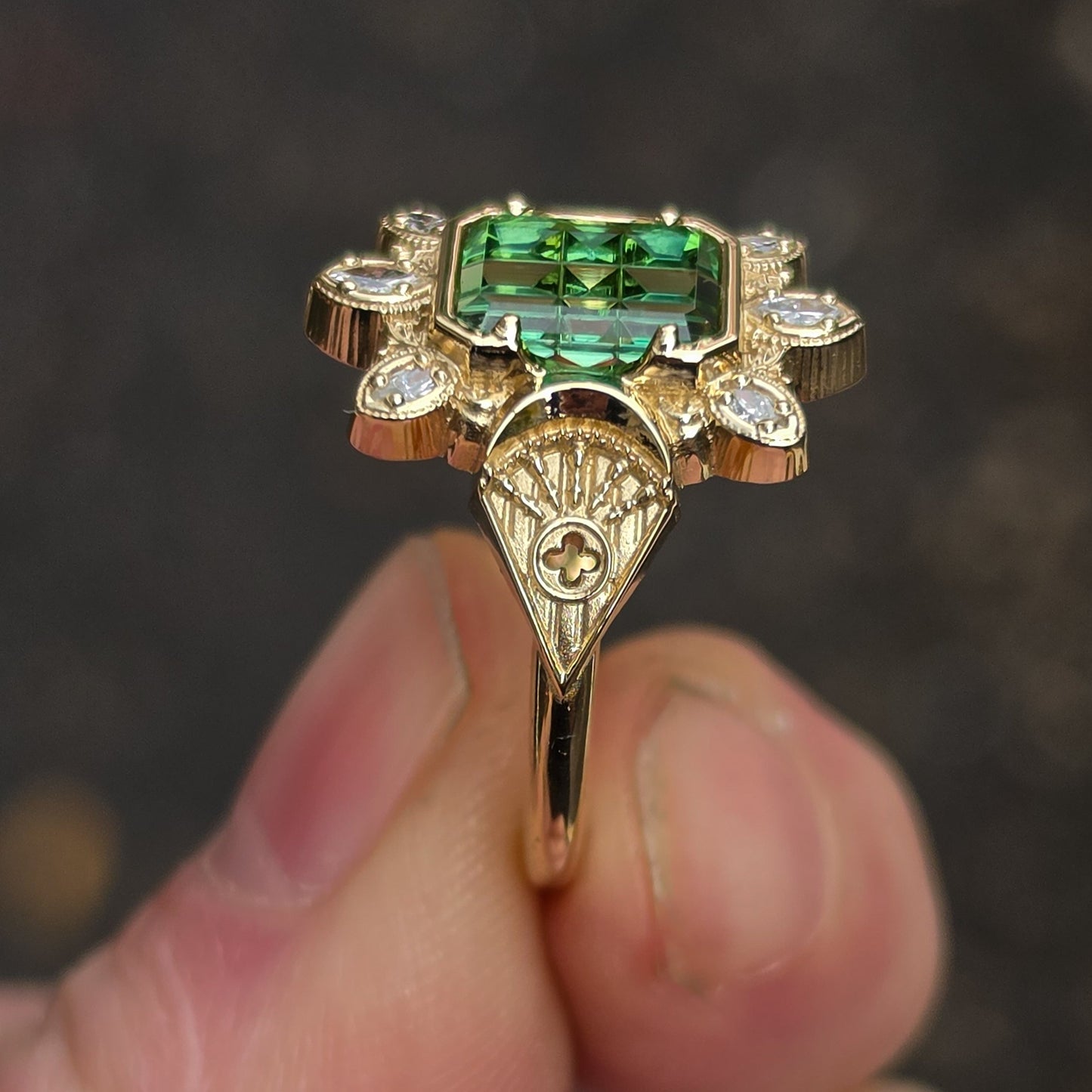 Ready to Ship Size 6-8 Moon Castle Ring with Stained Glass Cut Tourmaline and Marquise Diamonds