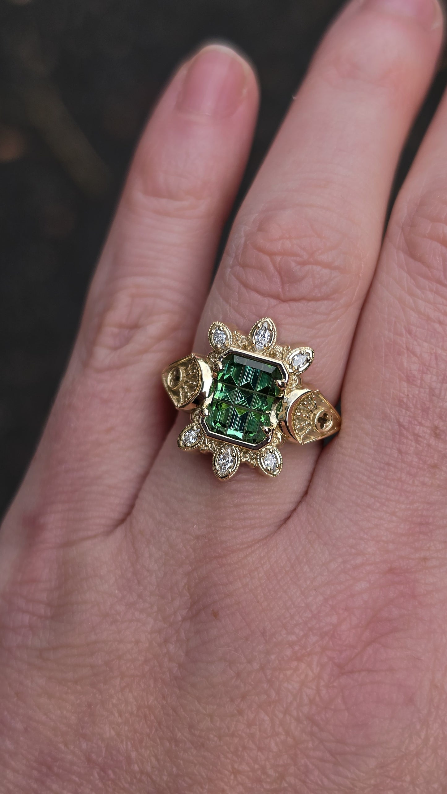 Ready to Ship Size 6-8 Moon Castle Ring with Stained Glass Cut Tourmaline and Marquise Diamonds