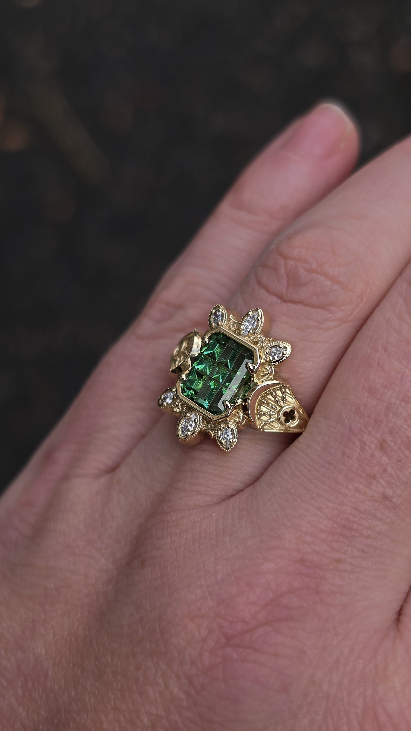 Ready to Ship Size 6-8 Moon Castle Ring with Stained Glass Cut Tourmaline and Marquise Diamonds