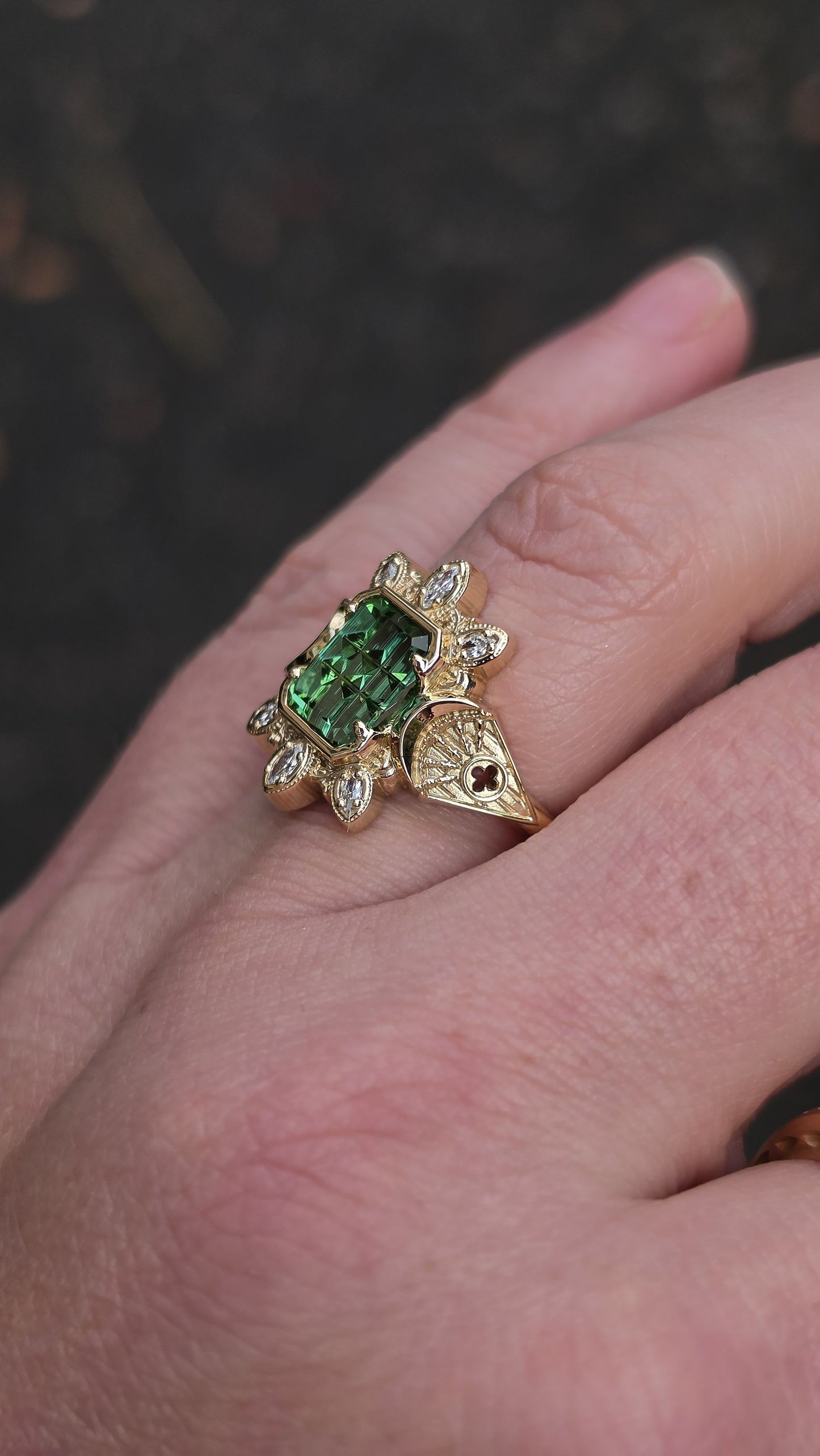 Ready to Ship Size 6-8 Moon Castle Ring with Stained Glass Cut Tourmaline and Marquise Diamonds