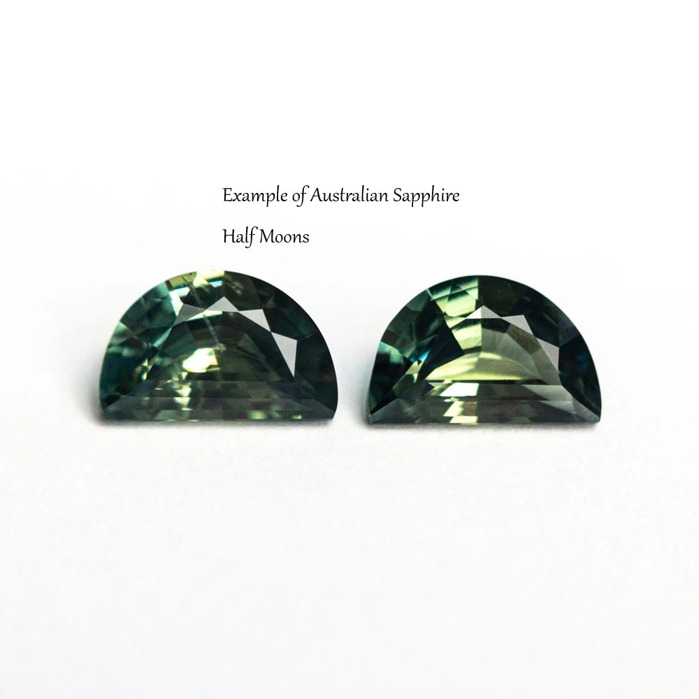 Two green gemstones labeled 'Example of Australian Sapphire Half Moons' on a white background